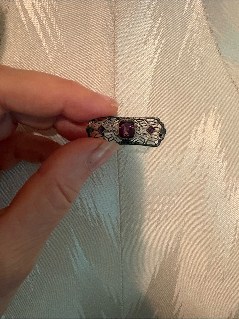 Victorian-Style Silvertone Filigree Bar Pin with Purple Stones